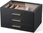 pickpiff Jewelry Box Organizer Case for Women: 3-Layer Jewelry Storage Case with Glass Window, Black Leather with Blush Velve