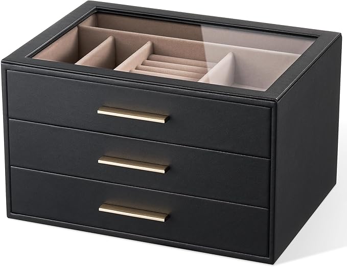 pickpiff Jewelry Box Organizer Case for Women: 3-Layer Jewelry Storage Case with Glass Window, Black Leather with Blush Velve