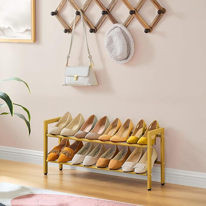 FAVOOSTY 2-Tier Expandable Shoe Rack, Adjustable Shoe Shelf Storage Organizer Space Saving Metal Free Standing Shoe Rack for 
