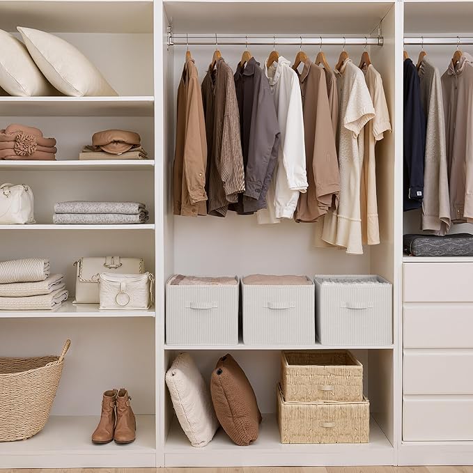 StorageWorks Foldable Shelf Organizer Bins, Closet Storage Baskets for Clothes, Storage Bins for Organization, Beige Stripes,