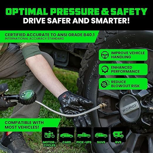 Rhino USA Digital Tire Pressure Gauge with Inflator (0-200 PSI) - Heavy Duty Air Chuck and Compressor Accessories with Stainless Braided Hose, Large 2" Dial and Solid Brass Hardware for Truck and RV