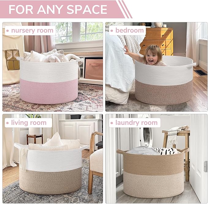 INDRESSME 115L Extra Large Pink Laundry Basket for Nursery Stuffed Animal Storage, Blanket Rope Baby Baskets Kids Toy Organiz