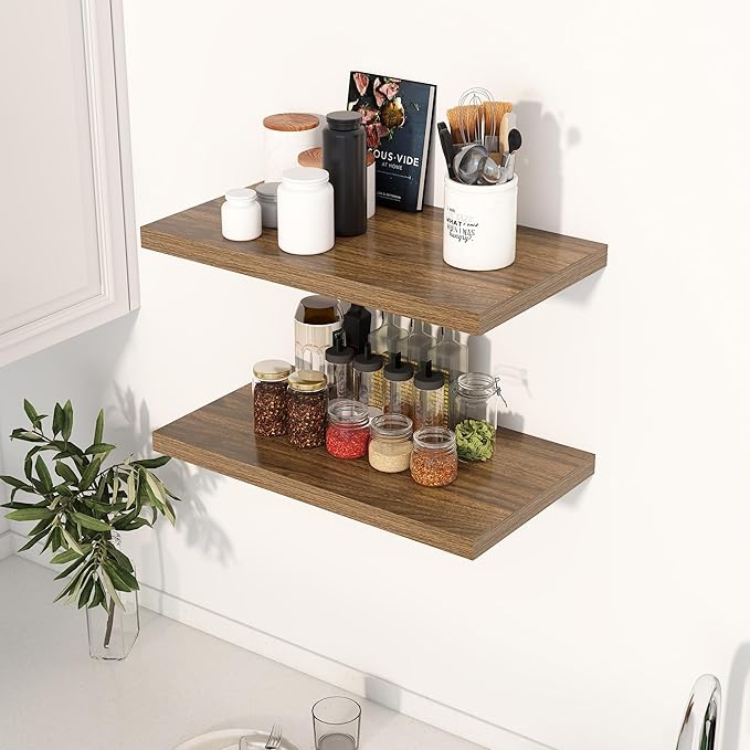 Dreamland 24" Floating Shelves for Wall, 12" Deep Slim Walnut Floating Shelves, Wall-Mounted Shelves for Bedroom, Living Room