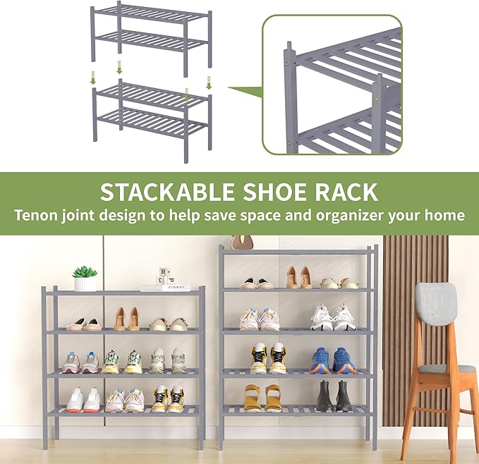 ROMGUAR CRAFT 5 Tier Bamboo Shoe Rack for Closet Free Standing Wood Shoe Shelf for Entryway Small Space Stackable 27"x11"x33"
