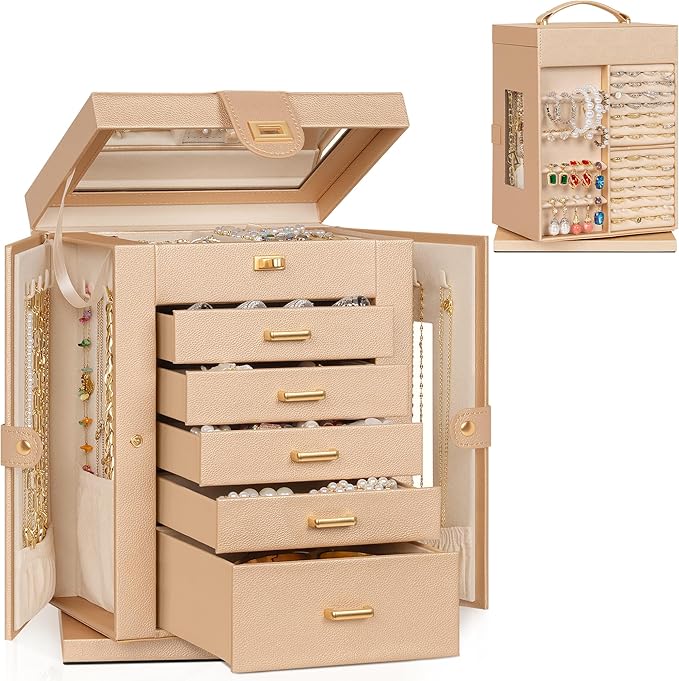 AKOZLIN Jewelry Box 6-Tier Organizer Functional 360° Rotating Jewelry Storage Case for Women Girls Ring Necklace Earring Brac