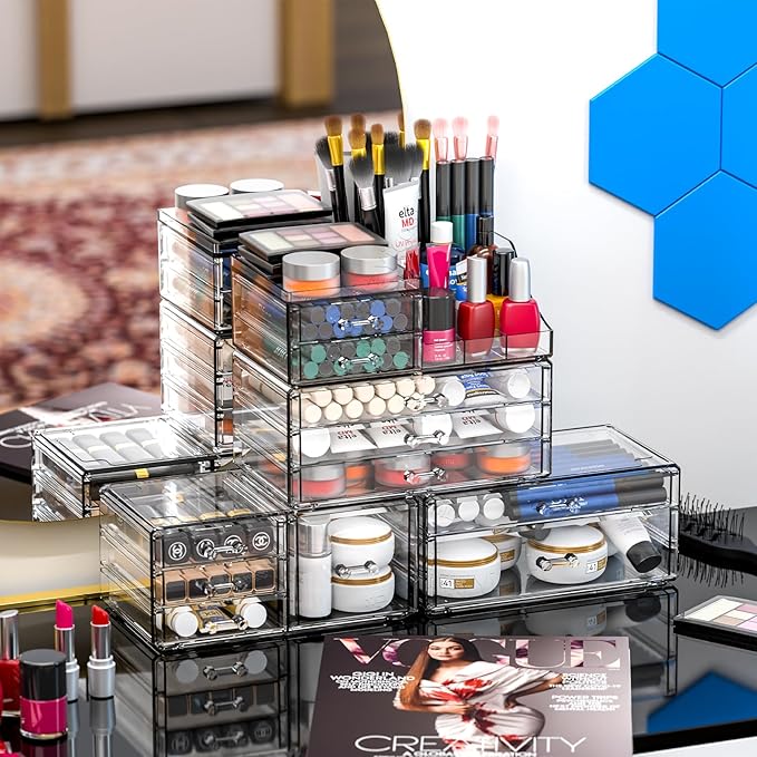 Acrylic Clear Makeup Organizer Countertop,Stackable Skincare Organizer for Vanity With 11 Drawer,Large Plastic Desk Accessori