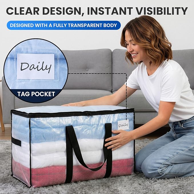 TAILI Extra Large Moving Bags, 4 Pack Clear Heavy Duty Totes For Storage with Visible Window, Wrap Around Handles, Storage Ba