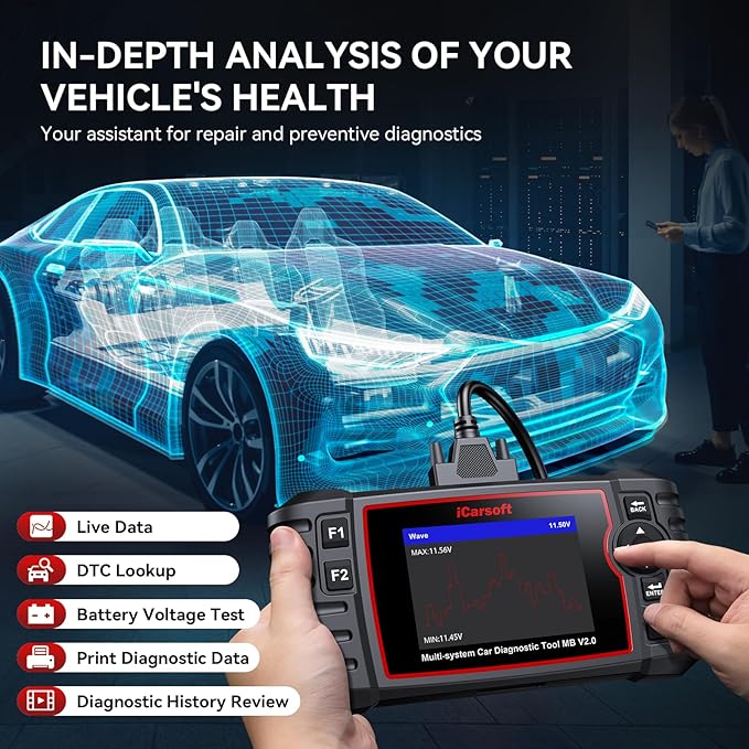 iCarsoft MB V2.0 for Mercedes Benz OBD2 Scanner, Full System Diagnostic Scan Tool, 8 Resets Auto VIN,