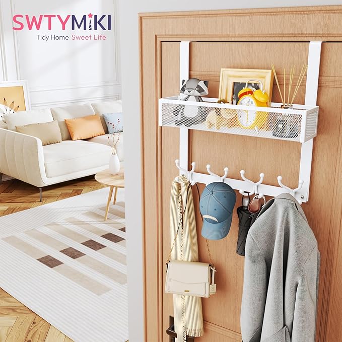 SWTYMIKI Over The Door Hook with 16 Hooks & Mesh Baskets - Heavy Duty Over The Door Organizer Hanger for Towels, Coats, Cloth