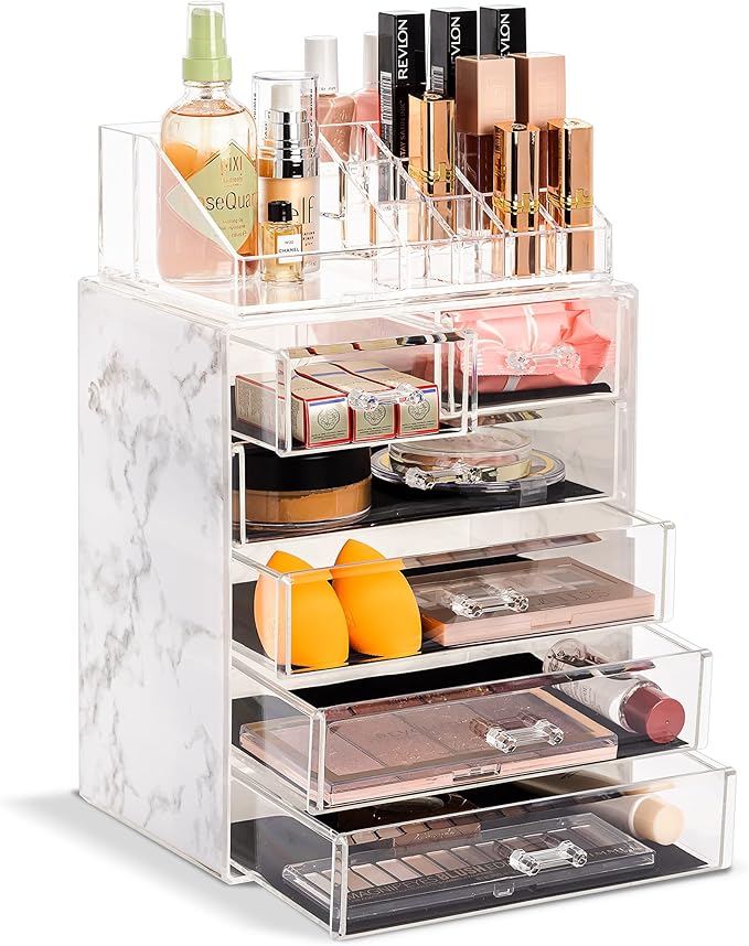 Sorbus Acrylic Makeup Organizer Set, 6-Drawer Vanity & Countertop Cosmetic Storage with Small & Wide Compartments, Marble Pri