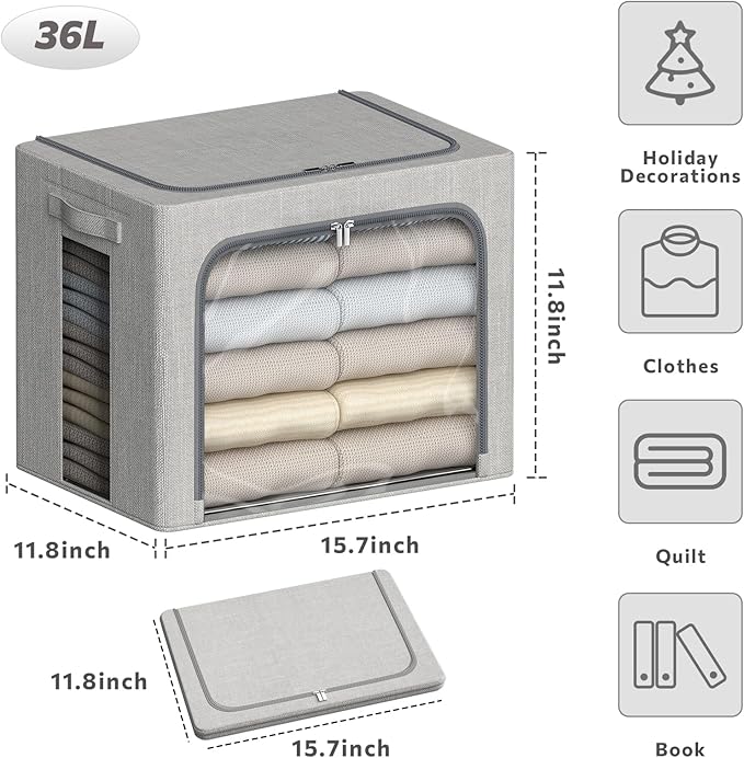 4 Pack Clothes Storage Bins with Metal Frame - 36L Stackable Storage Box with Lid，Foldable Storage Container Organizer for Cl