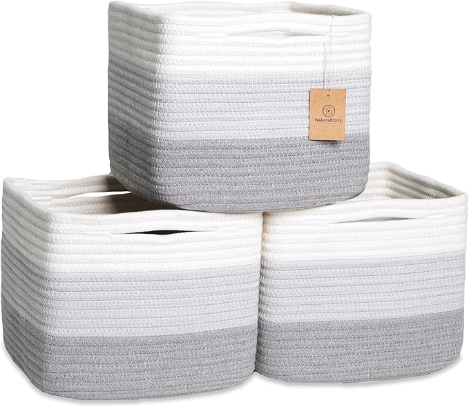 NaturalCozy Storage Cubes 9”x9”x7”Cotton Rope Woven Baskets for Organizing 3-Pack | 9 Inch Cube Storage Bin | Small Basket fo
