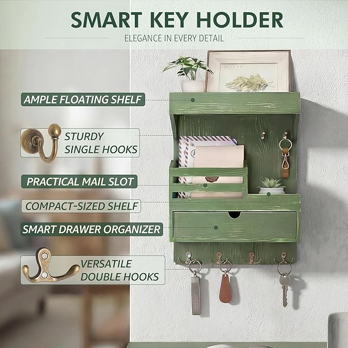Rebee Vision Pine Wood Key Holder Wall Mount with Small Drawer Organizer - Farmhouse Key Holder for Wall with 6 Sturdy Hooks 