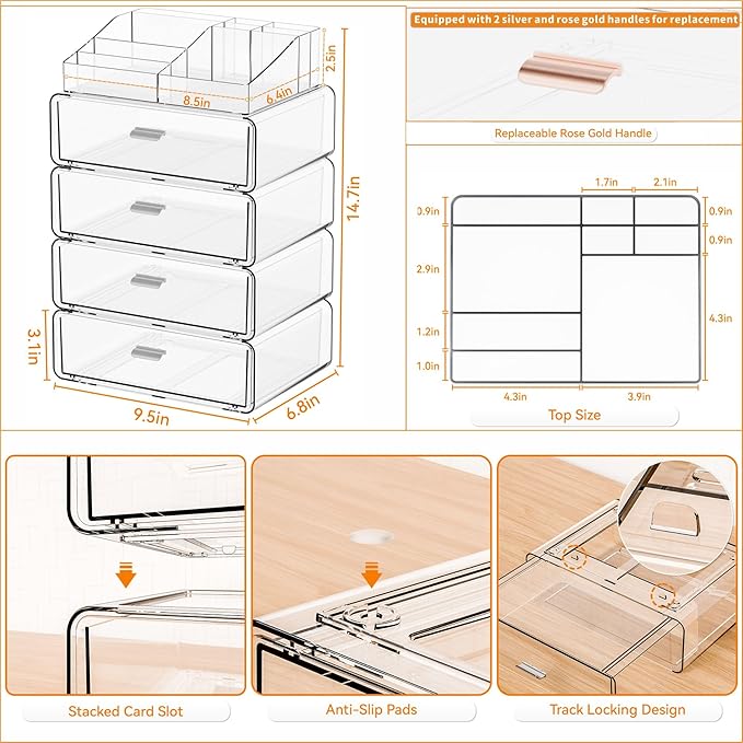 Yieach 5 Tier Clear Acrylic Makeup Organizers with Drawers,Tiered Countertop Make up Storage Organizer for Dresser Top and Ba