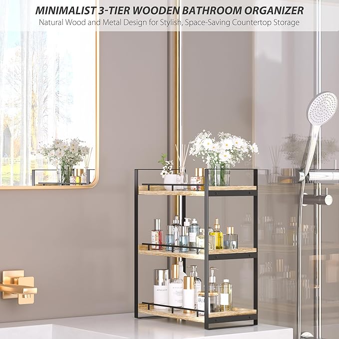 Bathroom Counter Organizer, 3 Tier Wood Countertop Shelf for Vanity, Skincare, Makeup, Kitchen Coffee and Sink Storage, with 