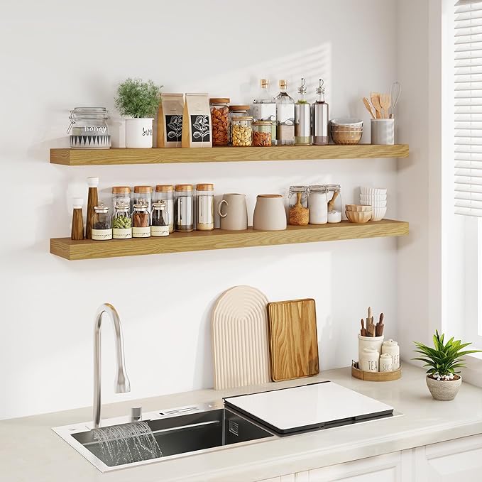 Fun Memories Floating Shelves for Wall, 55Inch Floating Shelves Set of 2, Hanging Shelf with Invisible Brackets, Wood Shelves