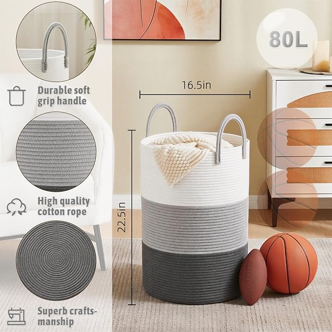 Artfeel Laundry Basket,Woven Cotton Rope Laundry Hamper,80L for Decorative Storage of Dirty Clothes,Toys and Blankets in Bath