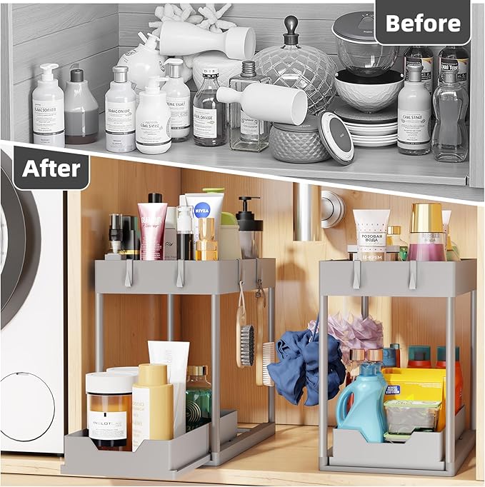 Simple Trending Under Sink Organizer 2 Pack, Sink Pull-Out Sliding Storage Cabinet, 2-Tier Under Shelf Organizer for Kitchen 