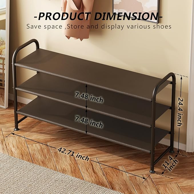 INGIORDAR Shoe Rack 3 Tier Long Storage Organizer Wide Metal Shoe Shelf for Closet Entryway Brown