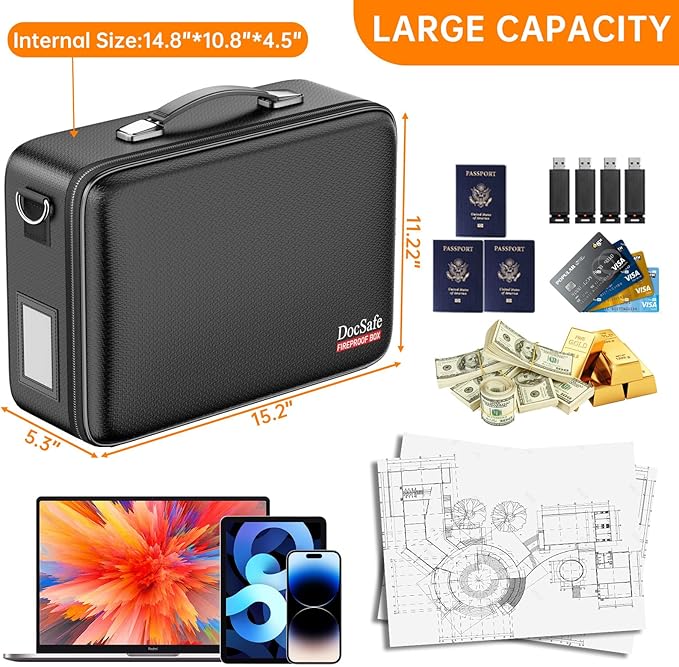 DocSafe Fireproof Document Box with Lock＆Shoulder Strap, Hard-Shell Case File Organizer with Accordion File Folder, Multi-Lay