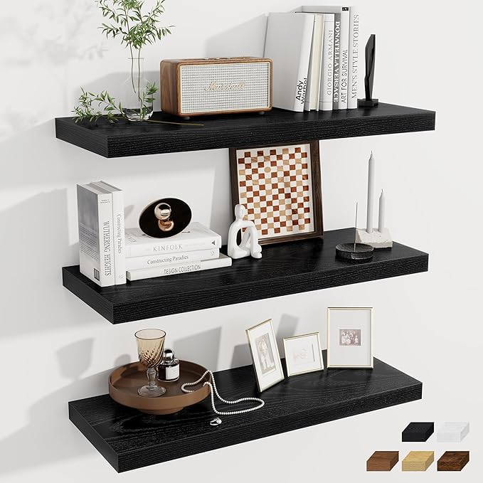 Fun Memories Deep Floating Shelves, 32W x 12D Black Wall Shelves, 32 Long Rustic Wood Wide Storage Shelves for Bedroom, Kitch