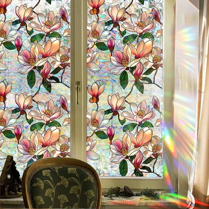 Niviy Window Privacy Film, Magnolia Flowers Stained Glass Window Film, Rainbow Film Glass Sun Protection Decals for Car Moonroof, Windows Tint for Home Bathroom (16.93 x 39.37inch)