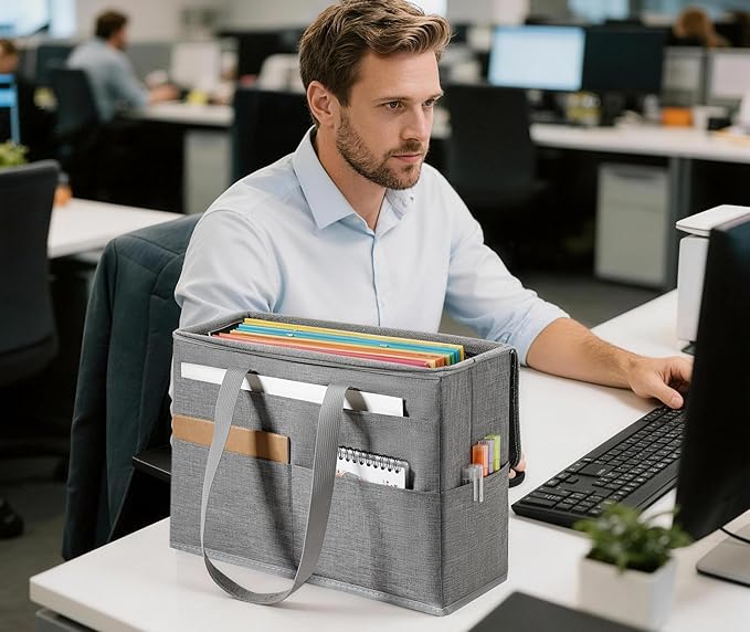 Qozary 2 Pack File Folder Organizer Box-Hanging File Tote Bag With Lids, Collapsible Portable Filing Organizer Box With Handl