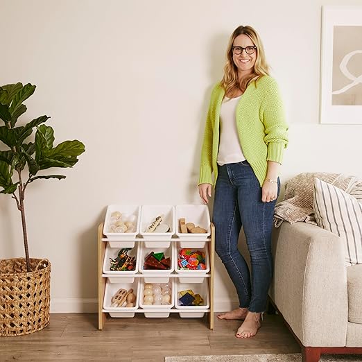 ECR4Kids 3-Tier Organizer with 9 Removable Plastic Bins, 3x3, Toy Storage, Dark Natural/White