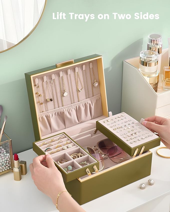 Lolalet Jewelry Box Organizer for Women Girls, 2 Layer Jewelry Organizers and Storage for Necklace Earrings Rings Bracelets, 