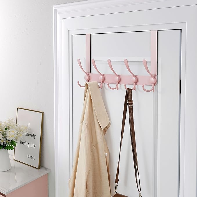 Dseap Over The Door Hook Hanger - Fits 1 3/8" to 1 3/4" Standard Doors | 5 Tri Hooks Heavy Duty Towel/Coat Rack | Door Organi
