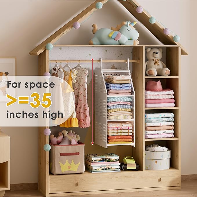 Honkazita 3-Tier Foldable Closet Hanging Organizer, Free-Standing | Hanging Closet Shelves for Wardrobe Laundry Room, Plastic
