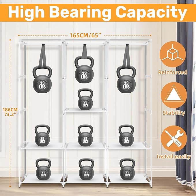 DivaDee Portable Wardrobe Closet with Cover – Freestanding Clothes Organizer with 8 Storage Shelves & Dual Hanging Rods – Spa