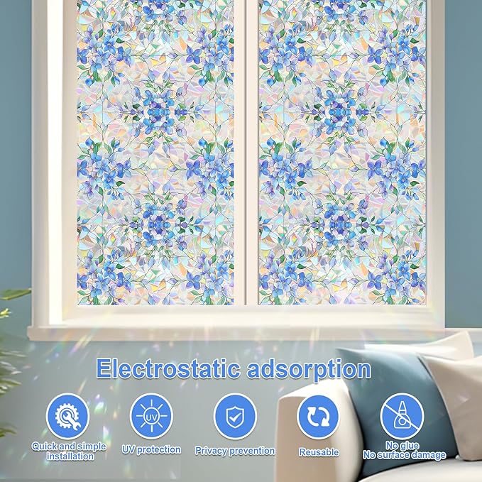 SOMWISE Rainbow Window Privacy Film,Heat Control,UV Blocking,Anti-Glare,Day & Night Privacy Protection & Decoration for Home, Bathroom,Glass Door,Static Cling,Renter-Friendly with Installation Tools