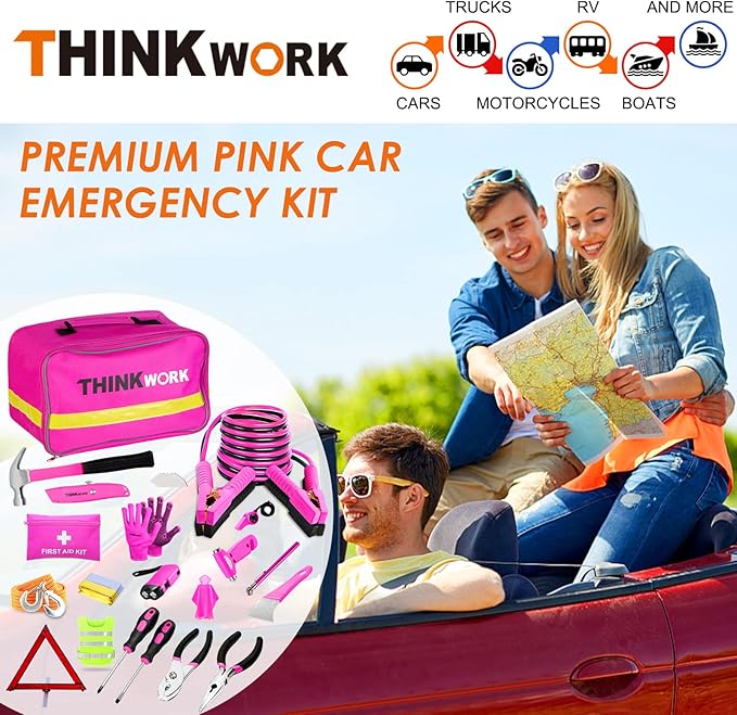 THINKWORK Car Emergency Kit for Teen Girl and Lady's Gifts, Pink Emergency Roadside Assistance kit with Pink Car Tool Set, 10