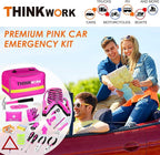 THINKWORK Car Emergency Kit for Teen Girl and Lady's Gifts, Pink Emergency Roadside Assistance kit with Pink Car Tool Set, 10