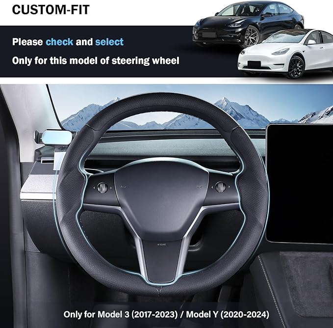 Steering Wheel Cover for Tesla Model 3 (2017-2023) / Model Y (2020-2024),Anti-Slip,Comfortable Grip, Breathable,Customized for Tesla Model 3/Y Accessories,Nappa Black