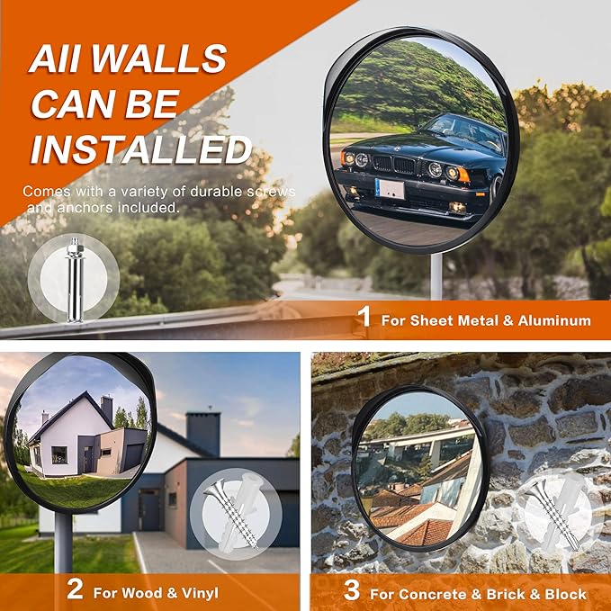 2Pcs 12" Convex Security Corner Mirror (Clear View) - Adjustable Fixing Bracket, Wide Angle, Indoor and Outdoor Use - Ideal for Warehouse, Office, Parking Garage, and Traffic Safety (Black)