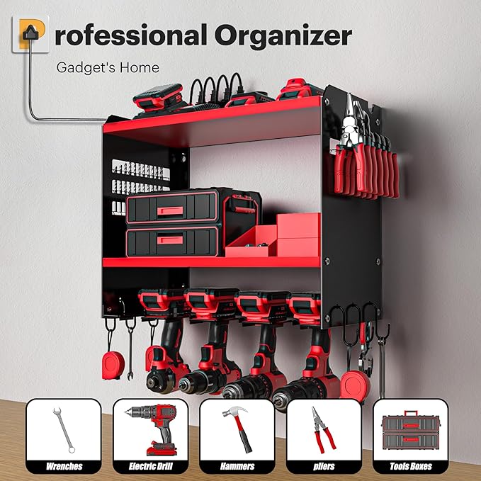 Spampur Power Tool Organizer Wall Mount with Charging Station, Tool Battery Holder with 4 Outlet Power Strip, 15 Min Assembly