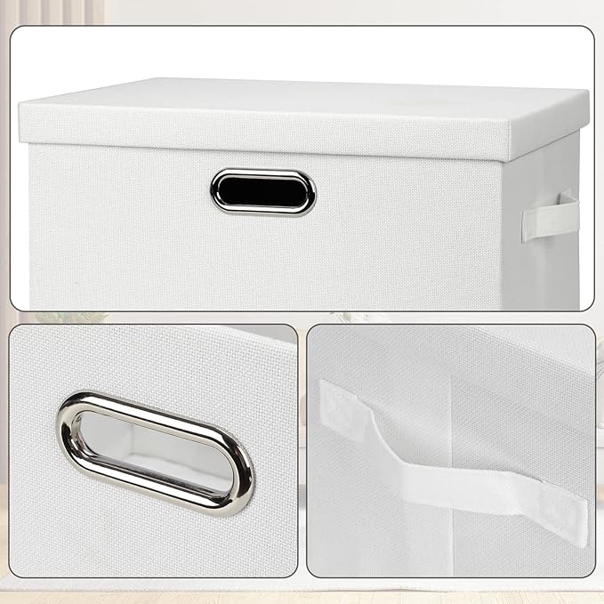 Graciadeco Large 17" 36 Quart Collapsible Stackable Storage Bins with Lids, 5 Packs White Linen Fabric Closet Boxes with Lids