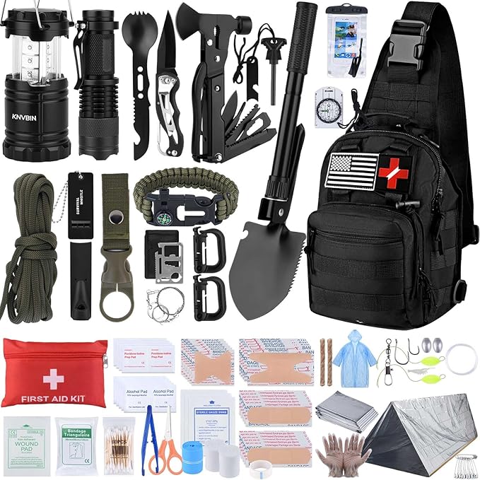 Survival Kit, 250pcs Survival Tools Tactical Gear and Trauma Bag, Survival First Aid Kit with Molle Crossbody Bag & Emergency
