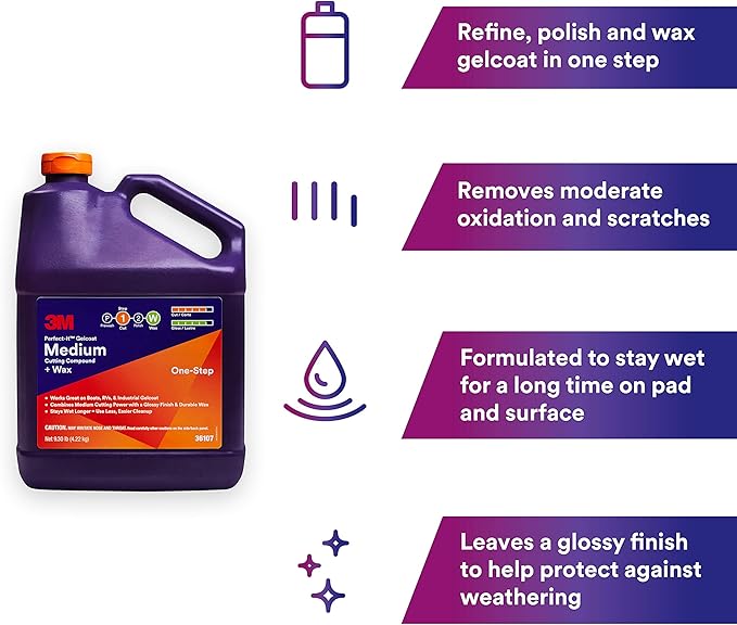 3M Perfect-It Gelcoat Medium Cutting Compound + Wax, 36107, 1 Gallon, One-Step Process, P1500 and Finer Scratches, Fiberglass Oxidation Remover for Boats and RVs