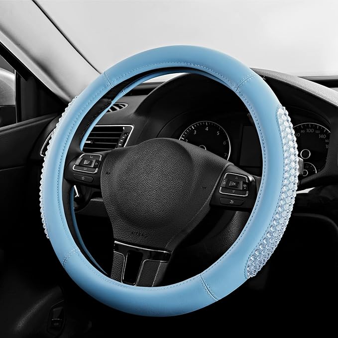 PIC AUTO Steering Wheel Cover, Glitter Gel Particles & Blue Luxury Leather Car Steering Cover, Universal Fit 14.5"-15.5" Anti