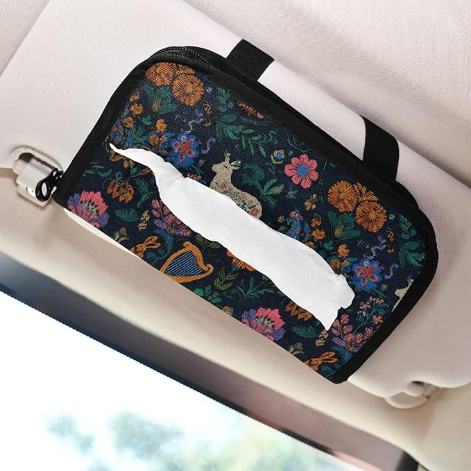 Car Tissue Holder Car Visor Organizer Tissue Box Holder for Car Sun Visor Organizer with Car Vehicle Accessories Essentials Interior for Women Men Dark Harp Sheep Flowers Embroidery