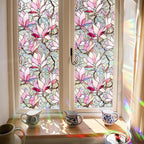 Niviy Window Clings Pink Magnolia Stained Glass Window Film, Sun Protection Decals for Car Moonroof, Static Cling Rainbow Sticker Covering for Home Door (16.93 x 39.37inch)
