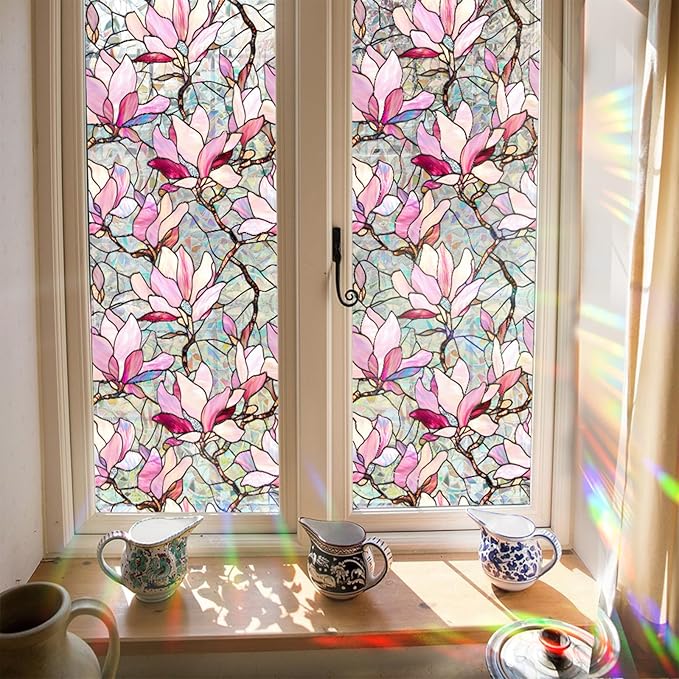 Niviy Window Clings Pink Magnolia Stained Glass Window Film, Sun Protection Decals for Car Moonroof, Static Cling Rainbow Sticker Covering for Home Door (16.93 x 39.37inch)