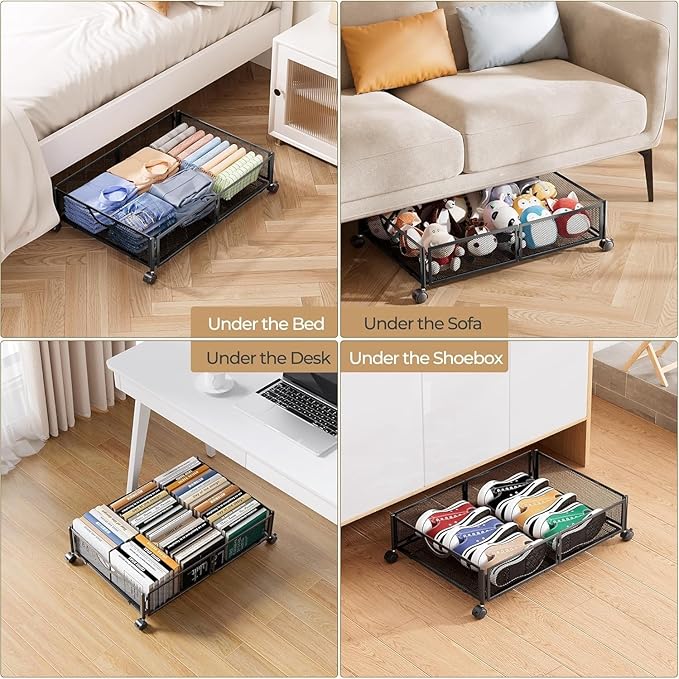 Yecaye Under Bed Storage with Wheels, 4 Pack Under Bed Shoe Storage Organizer Drawer, Tool-free Assembly Metal Underbed Stora