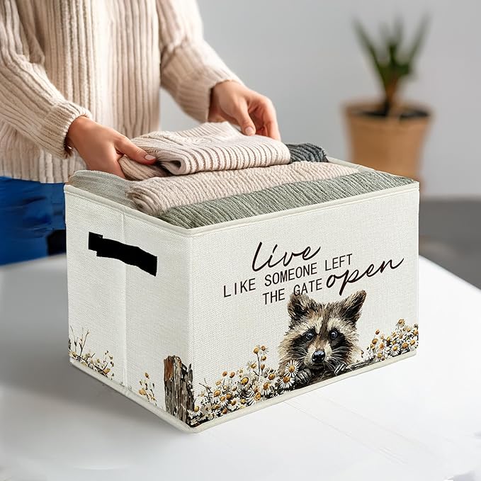 Rustic Raccoon Storage Bins & Boxes with Handles, Farmhouse Raccoon Foldable Basket for Organizing, Live Like Someone Left th