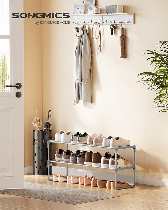 SONGMICS Shoe Rack, 2-Tier Shoe Organizer, Metal Storage Shelf, Upright or Upside Down, for 12-15 Pairs, Stackable, for Entry