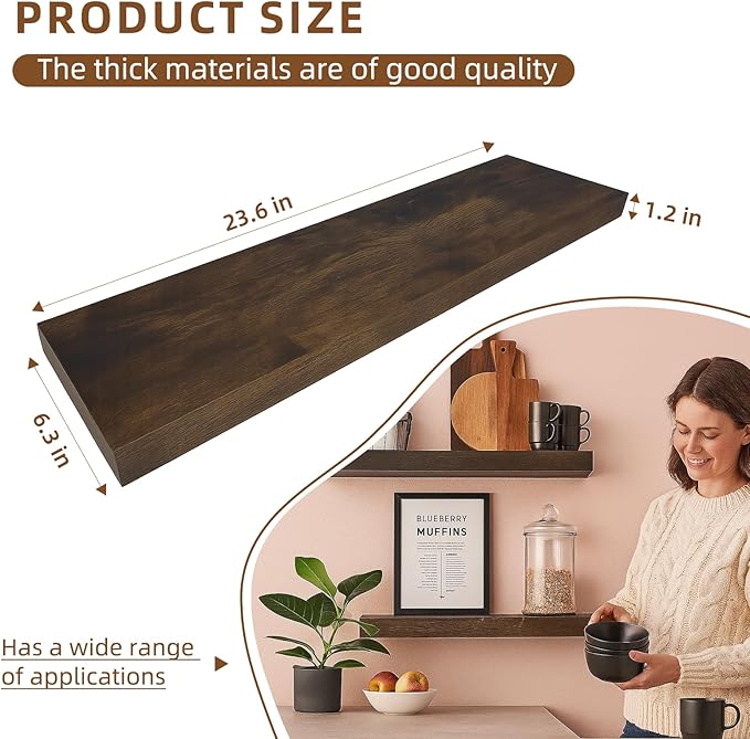 Floating Shelves for Wall, 23.6 inch Long Set of 3 Wood Rustic Wall Mounted Shelves, Display Shelf with Invisible Heavy, Larg