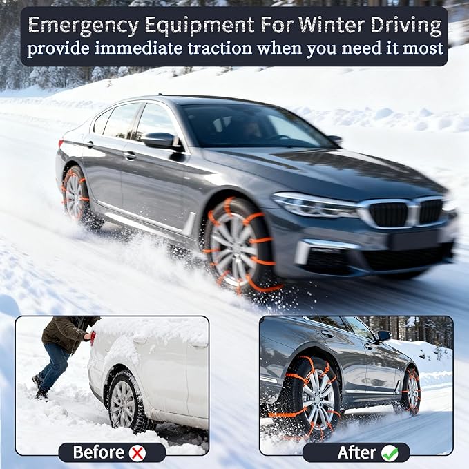 Universal Anti-Skid Snow Tire Chains for Cars SUV Trucks - Adjustable 14-19 Inch Emergency Winter Traction Tire Chains, Easy 